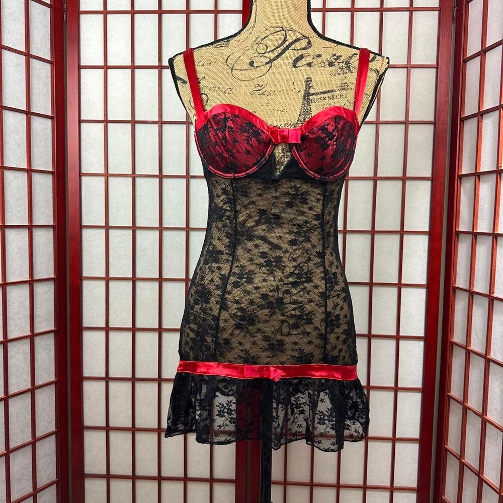 Y2K Gothic Romantic Lace Bustier Intimates Dress Sheer Black Red